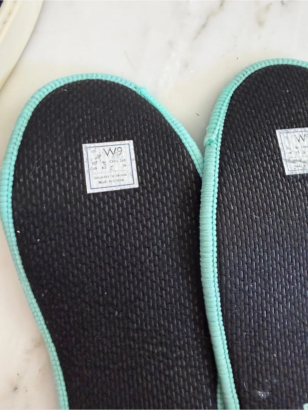 Rothy’s Women’s 9 Navy Blue Knit Flat Loafers with mint accents off white soles